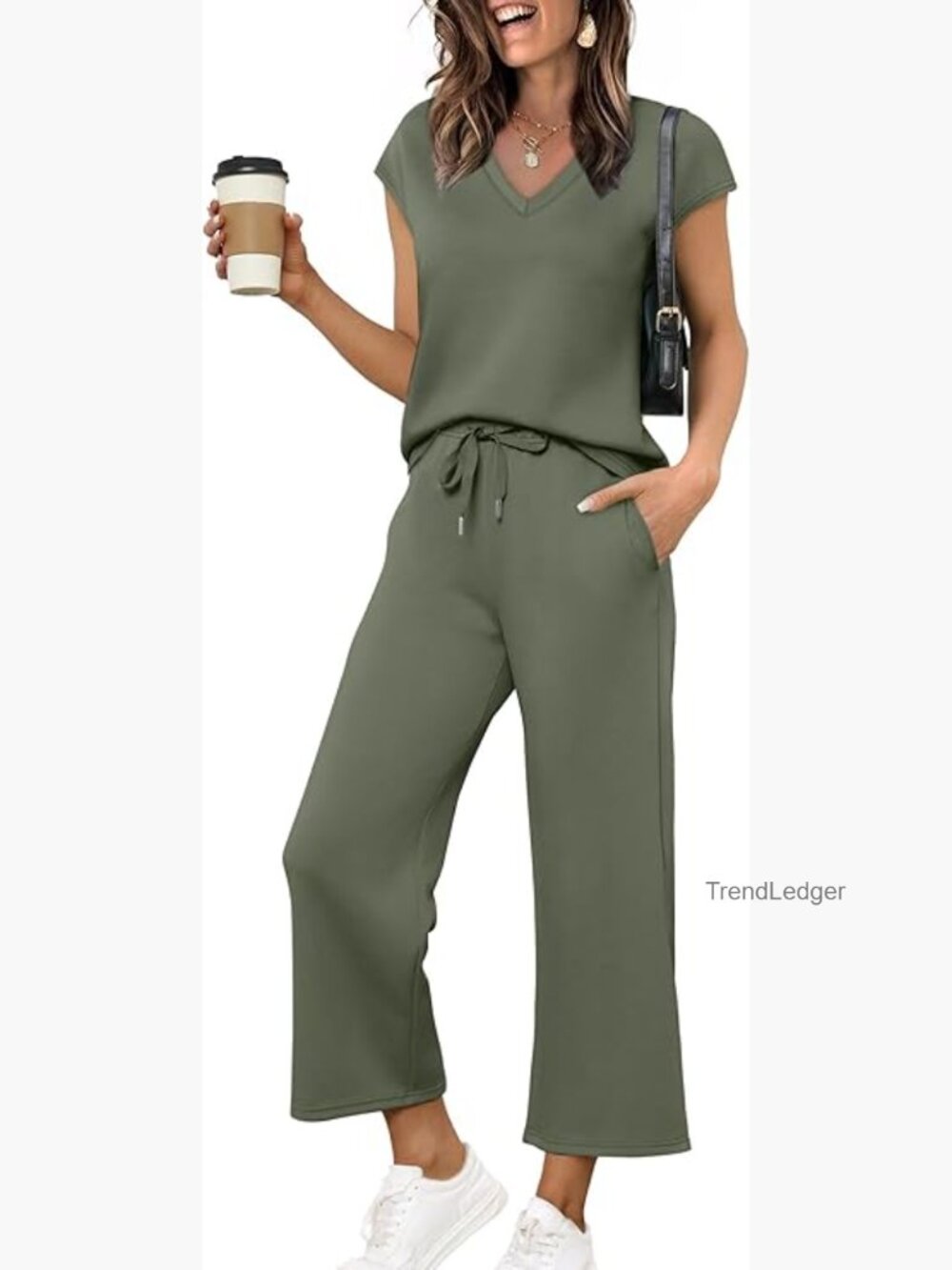 V-Neck Cap Sleeve Top Wide Leg Pants Two Piece Set Lounge Wear